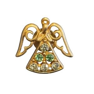 Vintage Gold Angel Pin with Green Rhinestones Christmas Brooch Lapel Pin 1"